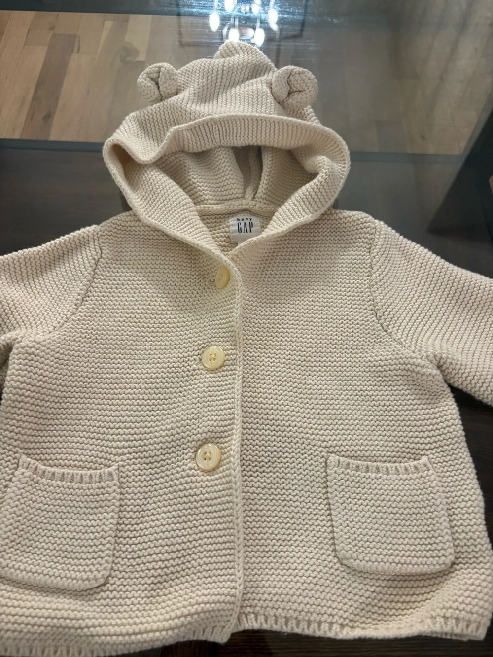 NWT Gap Baby Beige Cardigan Sweater Size 6-12Months Hooded Cotton Gender Neutral